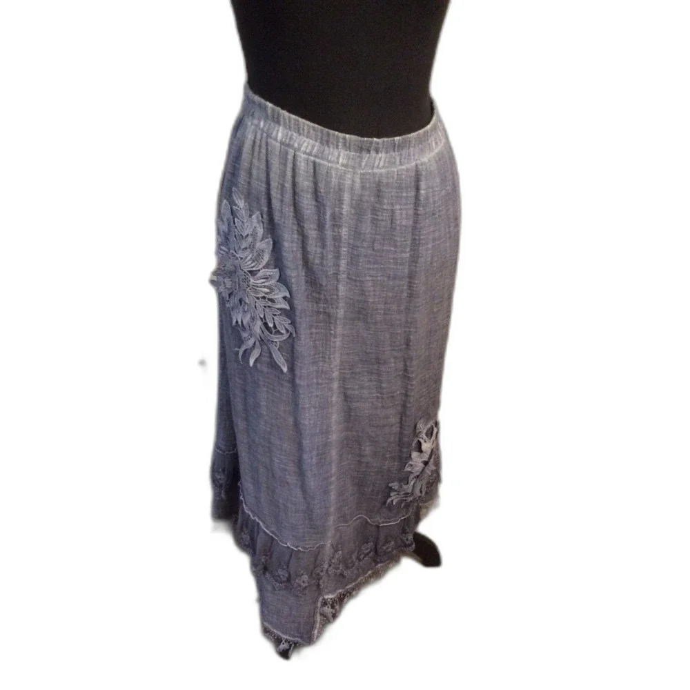 Western Denim Look Lace Linen Mix Floral Torn Edge Skirt   XL Festival Concert